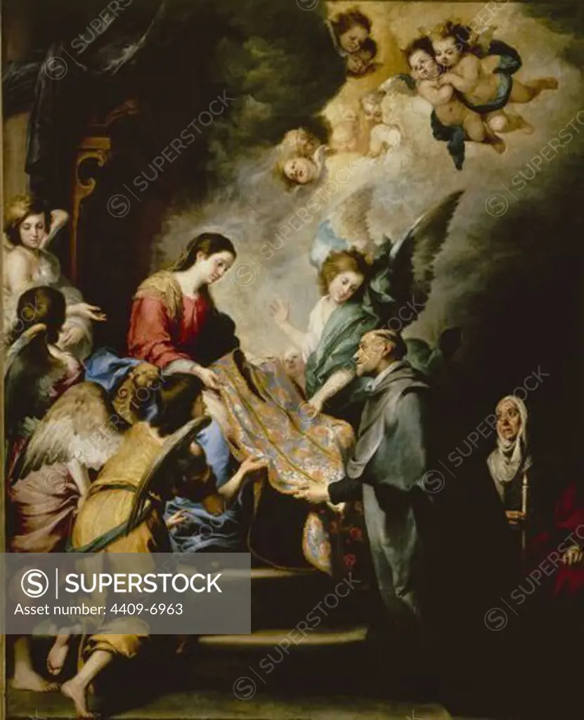 St. Ildefonse receiving the chasuble from the Virgin. Imposición de la casulla a s. Ildefonso. Madrid, Prado museum. Author: MURILLO BARTOLOME. Location: MUSEO DEL PRADO-PINTURA, MADRID, SPAIN.