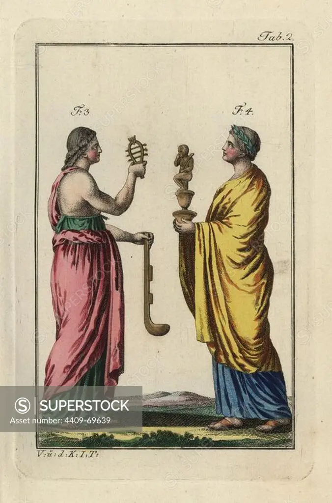 Egyptian woman with sacred sistrum rattle and simpulum ladle, and priestess with statue of Harpocrates, the god of silence. Handcolored copperplate engraving from Robert von Spalart's "Historical Picture of the Costumes of the Principal People of Antiquity and of the Middle Ages" (1796).