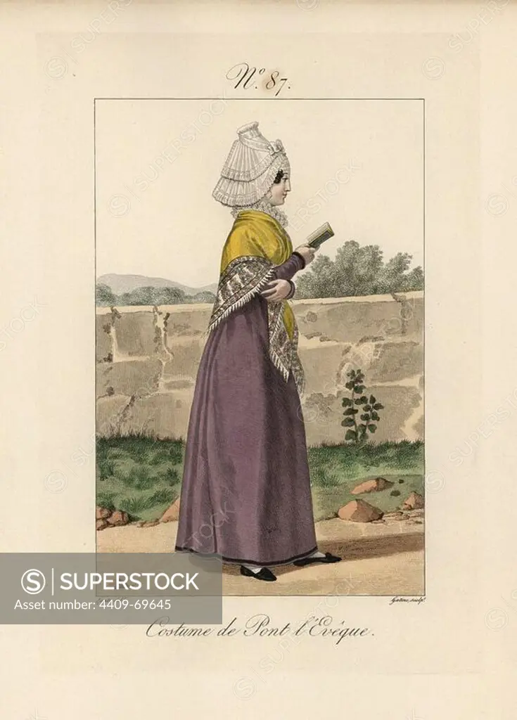 Costume of Pont-Leveque, Calvados. The bonnet is similar to that of Lisieux, but not so tall, and the papillon wings are pulled back further. See plate 40. Hand-colored fashion plate illustration by Lante engraved by Gatine from Louis-Marie Lante's "Costumes des femmes du Pays de Caux," 1827/1885. With their tall Alsation lace hats, the women of Caux and Normandy were famous for the elegance and style.