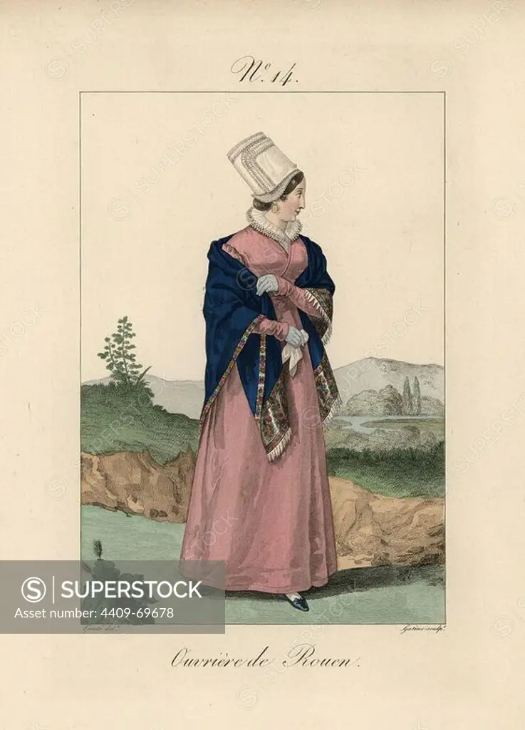 Tradeswoman of Rouen wearing a bonnet called a bavolet. She wears a dusty pink dress with blue shawl trimmed with flowers. Hand-colored fashion plate illustration by Lante engraved by Gatine from Louis-Marie Lante's "Costumes des femmes du Pays de Caux," 1827/1885. With their tall Alsation lace hats, the women of Caux and Normandy were famous for the elegance and style.