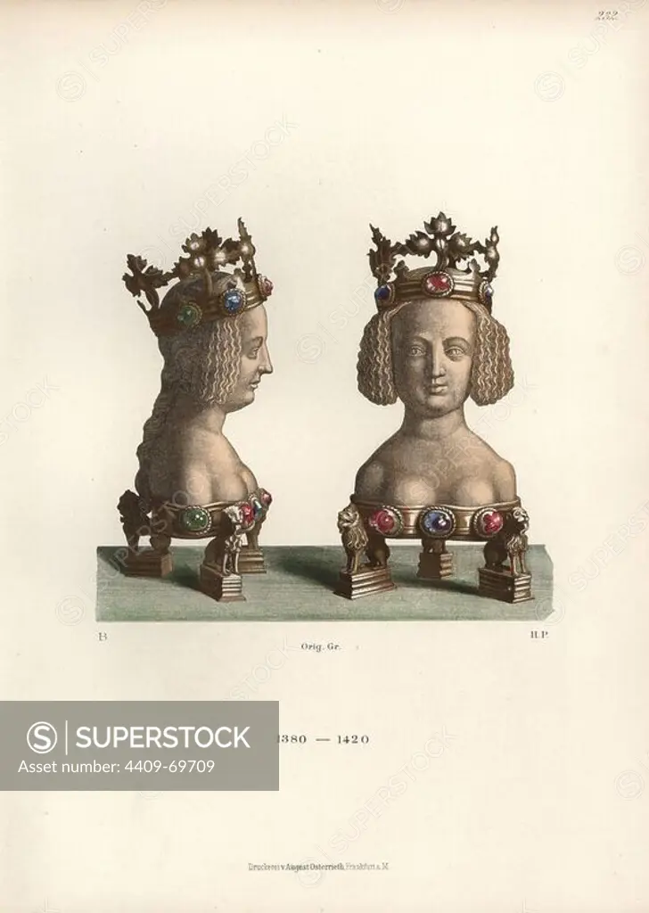 Reliquary in the form of a bust of a young woman from the 14th century. Chromolithograph from Hefner-Alteneck's "Costumes, Artworks and Appliances from the early Middle Ages to the end of the 18th Century," Frankfurt, 1883. IIlustration drawn by Hefner-Alteneck, lithographed by H.P., and published by Heinrich Keller. Dr. Jakob Heinrich von Hefner-Alteneck (1811-1903) was a German archeologist, art historian and illustrator. He was director of the Bavarian National Museum from 1868 until 1886.
