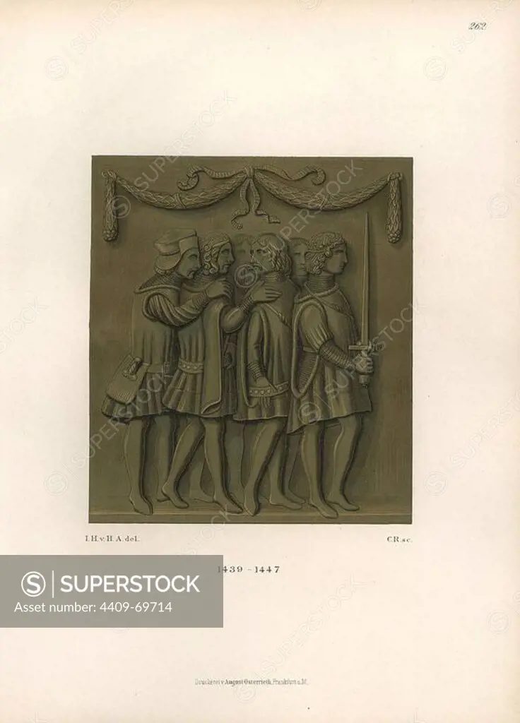 Italian knights from the early 15th century from a bronze basrelief by Simone di Bardi, Donatello's brother, and Antonio Silarete in St. Peter's in Rome. Chromolithograph from Hefner-Alteneck's "Costumes, Artworks and Appliances from the early Middle Ages to the end of the 18th Century," Frankfurt, 1883. IIlustration drawn by Hefner-Alteneck, lithographed by C. Regnier, and published by Heinrich Keller. Dr. Jakob Heinrich von Hefner-Alteneck (1811-1903) was a German archeologist, art historian and illustrator. He was director of the Bavarian National Museum from 1868 until 1886.