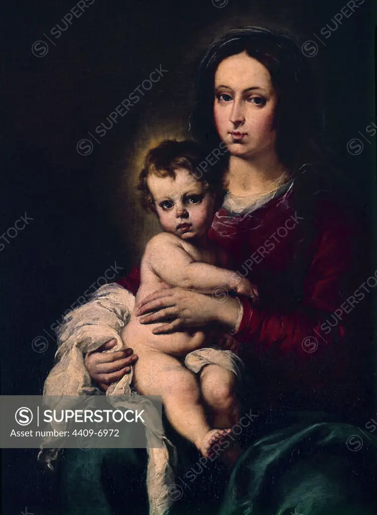 'The Virgin and Child (detail)', 1655-1660, Spanish Baroque, Oil on canvas, P00976. Author: BARTOLOME ESTEBAN MURILLO. Location: MUSEO DEL PRADO-PINTURA. MADRID. SPAIN. CHILD JESUS. VIRGIN MARY.