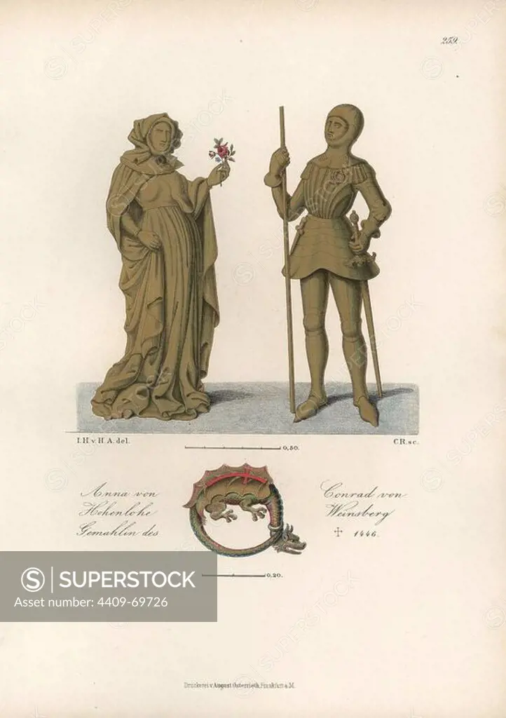 Anna von Hohenlohe, spouse of Conrad von Weinsberg, died 1446. From a bronze memorial in a convent church in Schonthal. He is shown in a suit of armour with lance and sword, she in full robes with a rose. Chromolithograph from Hefner-Alteneck's "Costumes, Artworks and Appliances from the early Middle Ages to the end of the 18th Century," Frankfurt, 1883. IIlustration drawn by Hefner-Alteneck, lithographed by C, and published by Heinrich Keller. Dr. Jakob Heinrich von Hefner-Alteneck (1811-1903) was a German archeologist, art historian and illustrator. He was director of the Bavarian National Museum from 1868 until 1886.