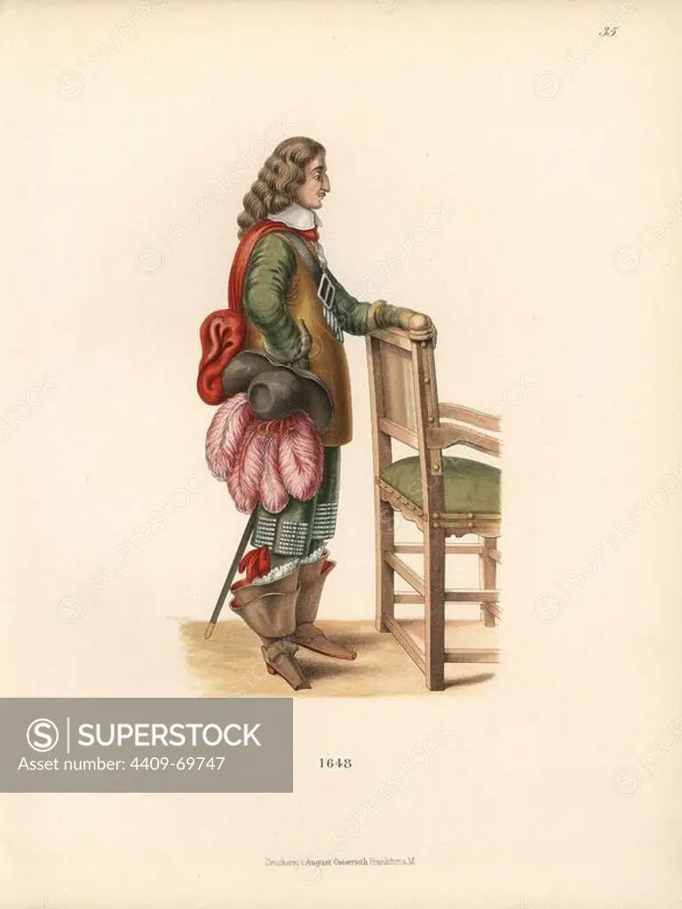 Spanish cavalier from the mid-17th century, wearing floppy boots, cape, ruff, bandolier and plumed hat. Chromolithograph from Hefner-Alteneck's "Costumes, Artworks and Appliances from the Middle Ages to the 17th Century," Frankfurt, 1889. Illustration by Dr. Jakob Heinrich von Hefner-Alteneck and published by Heinrich Keller. Dr. Hefner-Alteneck (1811 - 1903) was a German curator, archaeologist, art historian, illustrator and etcher.