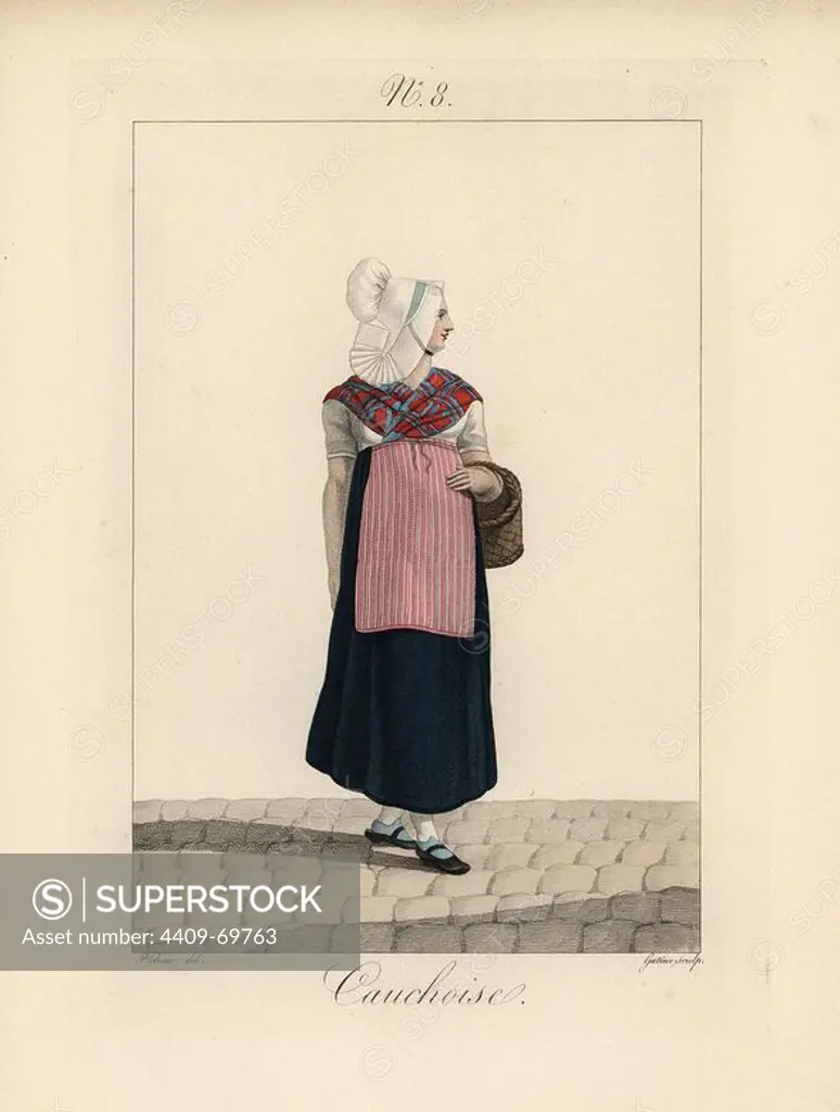 Servant woman wearing the bonnet of ordinary women in Yvetot, in striped apron and full skirt. Hand-colored fashion plate illustration by Benoit Pecheux engraved by Gatine from Louis-Marie Lante's "Costumes des femmes du Pays de Caux," 1827/1885. With their tall Alsation lace hats, the women of Caux and Normandy were famous for the elegance and style.
