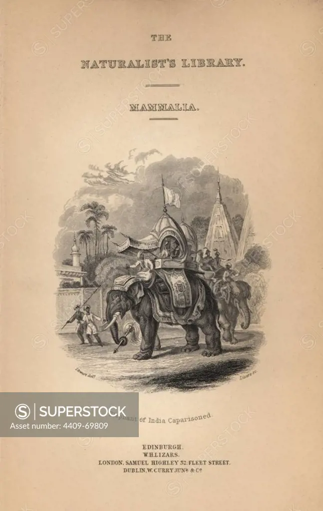 Title page with engraved vignette showing an Indian elephant caparisoned. Engraving on steel by William Lizars from a drawing by James Stewart from Sir William Jardine's "Naturalist's Library: Mammalia, Pachydermes or Thick-Skinned Quadrupeds" published by W. H. Lizars, Edinburgh, 1836.