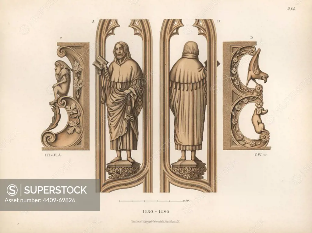 Religious wooden carving from the mid 15th century found ornamenting the choir of the Dome in Basel and Gothic decorations of the parish church at Lorch. Chromolithograph from Hefner-Alteneck's "Costumes, Artworks and Appliances from the early Middle Ages to the end of the 18th Century," Frankfurt, 1883. IIlustration drawn by Hefner-Alteneck, lithographed by C. Regnier, and published by Heinrich Keller. Dr. Jakob Heinrich von Hefner-Alteneck (1811-1903) was a German archeologist, art historian and illustrator. He was director of the Bavarian National Museum from 1868 until 1886.