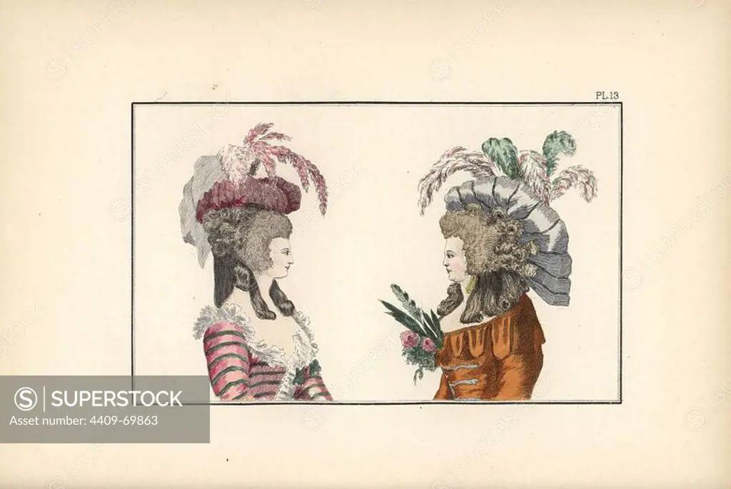 Pouf hat and shell hat in gauze. Hand-colored lithograph from "Fashions and Customs of Marie Antoinette and her Times," by Le Comte de Reiset, Paris, 1885. The journal of Madame Eloffe, dressmaker and linen-merchant to the Queen and ladies of the court.