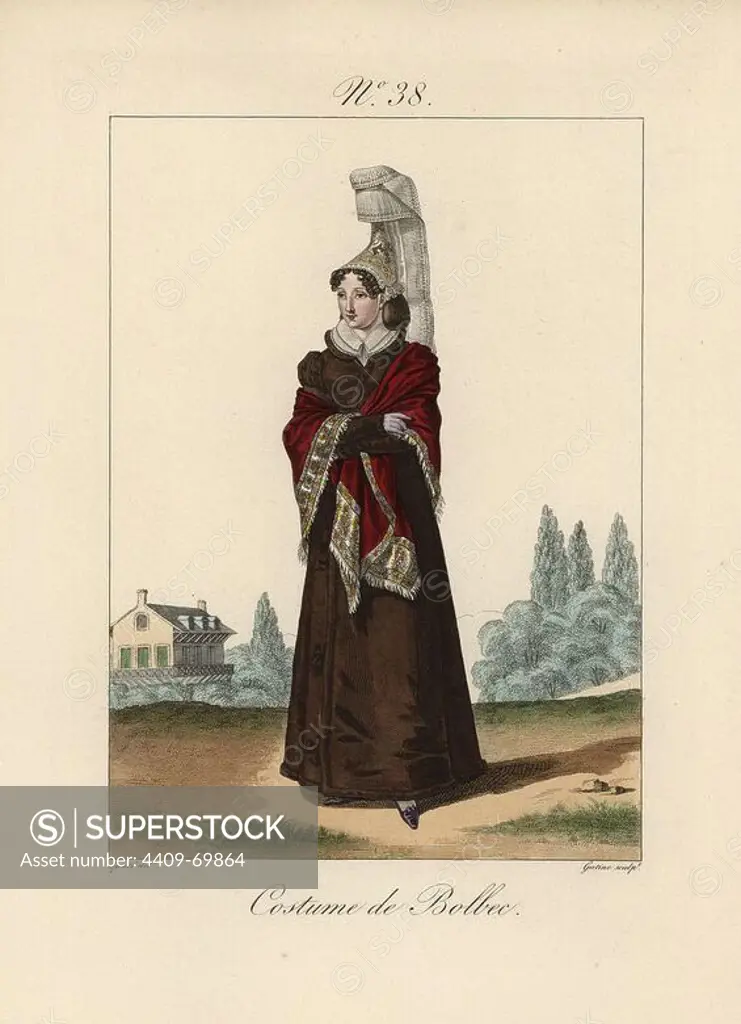 Costume of Bolbec. The women of Bolbec only wear this costume to baptisms, weddings, family reunions or festivals at church. The rest of the time they wear the fashions of Paris. Hand-colored fashion plate illustration by Lante engraved by Gatine from Louis-Marie Lante's "Costumes des femmes du Pays de Caux," 1827/1885. With their tall Alsation lace hats, the women of Caux and Normandy were famous for the elegance and style.