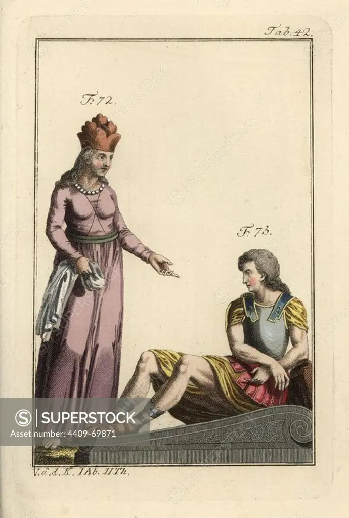 Persian woman and captive Gaul king. Handcolored copperplate engraving from Robert von Spalart's "Historical Picture of the Costumes of the Principal People of Antiquity and of the Middle Ages" (1797).