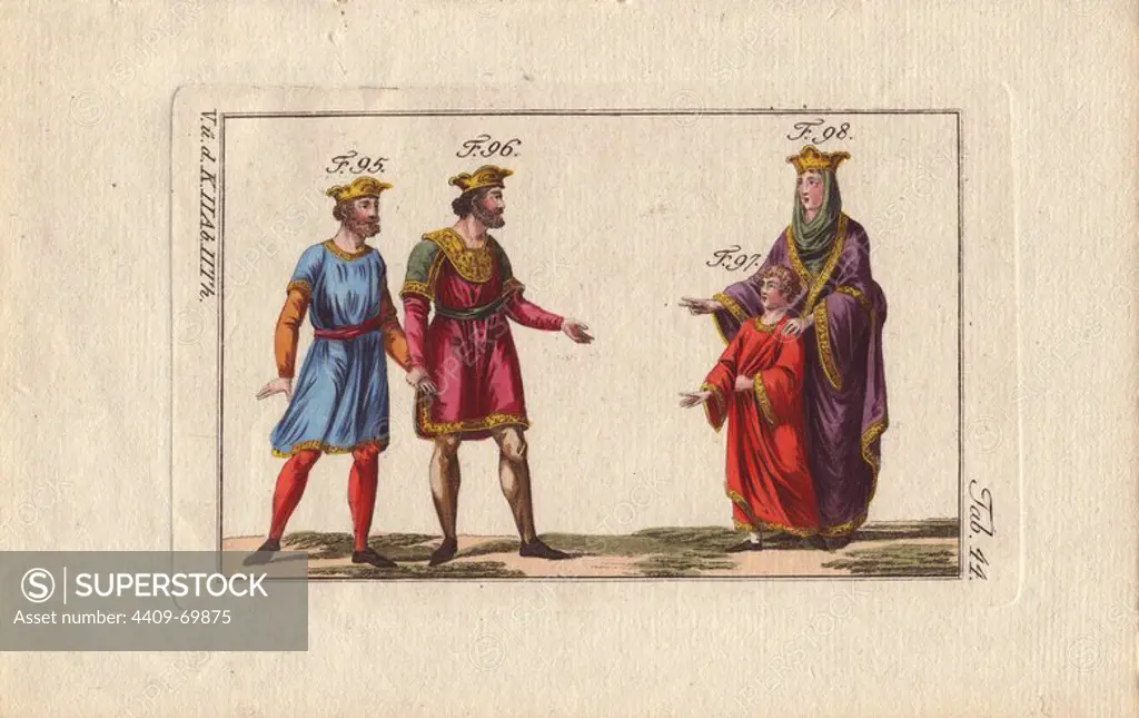 King Lothar I, King Louis V and Emma, wife of Lothar, and her son Otto.. "The Franks wore in the country or in wartime a short tunique that fell to the knee and was fastened by a large belt; see figs. 95 and 96 representing Lothar I and Louis V. Sometimes they wore two tunics, one on top of the other, as can be clearly seen in the figures.". "Fig. 98 shows Emma, wife of Lothar, and fig. 97 Otto, son of Emma, who died in childhood. He was canon at Reims; in the original picture, he wears a red robe as here." . Handcolored copperplate engraving from Robert von Spalart's "Historical Picture of the Costumes of the Principal People of Antiquity and of the Middle Ages" (1796).