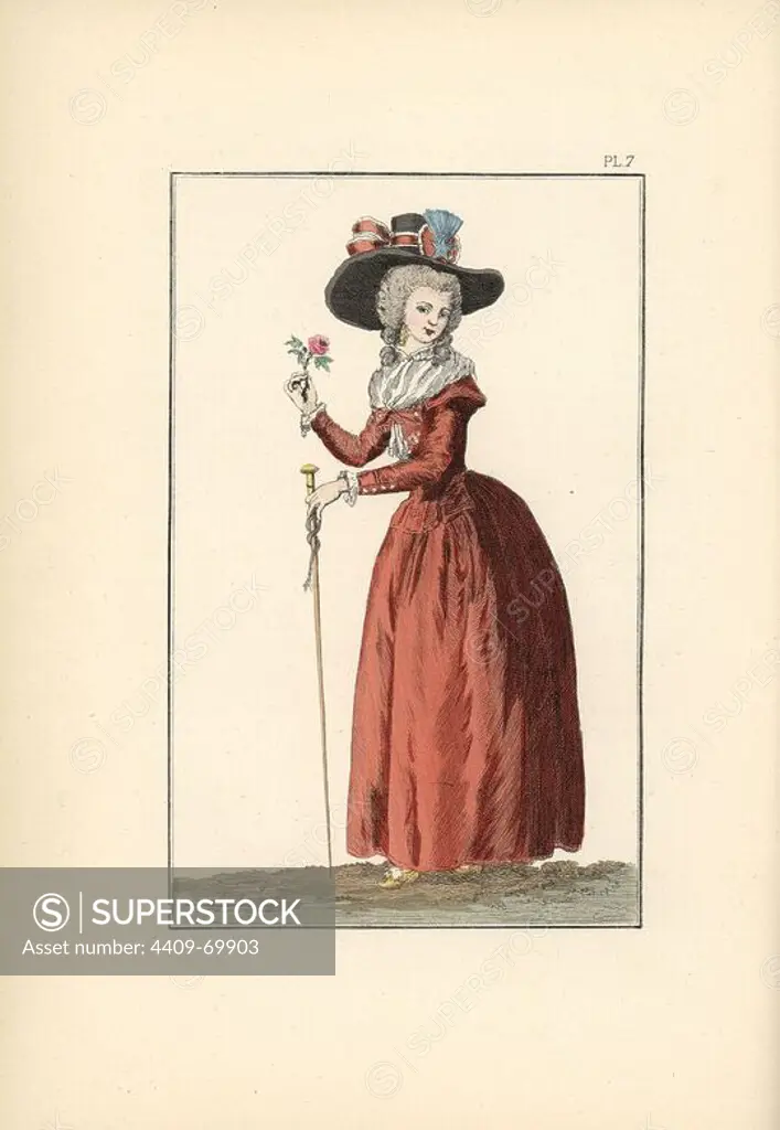 A woman in wine-coloured redingote, from the English "riding coat," holding a cane and admiring a rose. Hand-colored lithograph from "Fashions and Customs of Marie Antoinette and her Times," by Le Comte de Reiset, Paris, 1885. The journal of Madame Eloffe, dressmaker and linen-merchant to the Queen and ladies of the court.