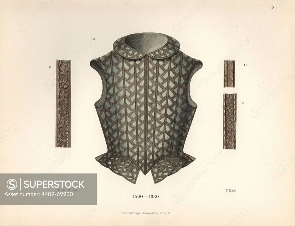 Bodice of a 17th century noblewoman with details of embroidery. Chromolithograph from Hefner-Alteneck's "Costumes, Artworks and Appliances from the Middle Ages to the 17th Century," Frankfurt, 1889. Illustration by Dr. Jakob Heinrich von Hefner-Alteneck, lithographed by CR, and published by Heinrich Keller. Dr. Hefner-Alteneck (1811 - 1903) was a German curator, archaeologist, art historian, illustrator and etcher.