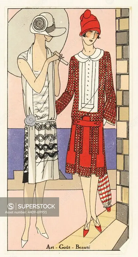 Women in afternoon dresses in printed muslin and in printed crepe, carrying parasols. Lithograph with pochoir (stencil) handcolour from the luxury French fashion magazine "Art, Gout, Beaute," 1926.