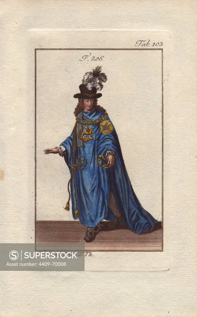 Knight of the Order of the Garter, a British order of chivalry founded in 1344 by Edward III. It is the highest honour in Britain, and membership is limited to the sovereign, the Prince of Wales, and no more than 24 members or Companions.. Handcolored copperplate engraving of a knight from a religious military order from Robert von Spalart's "Historical Picture of the Costumes of the Principal People of Antiquity and of the Middle Ages" (1796).