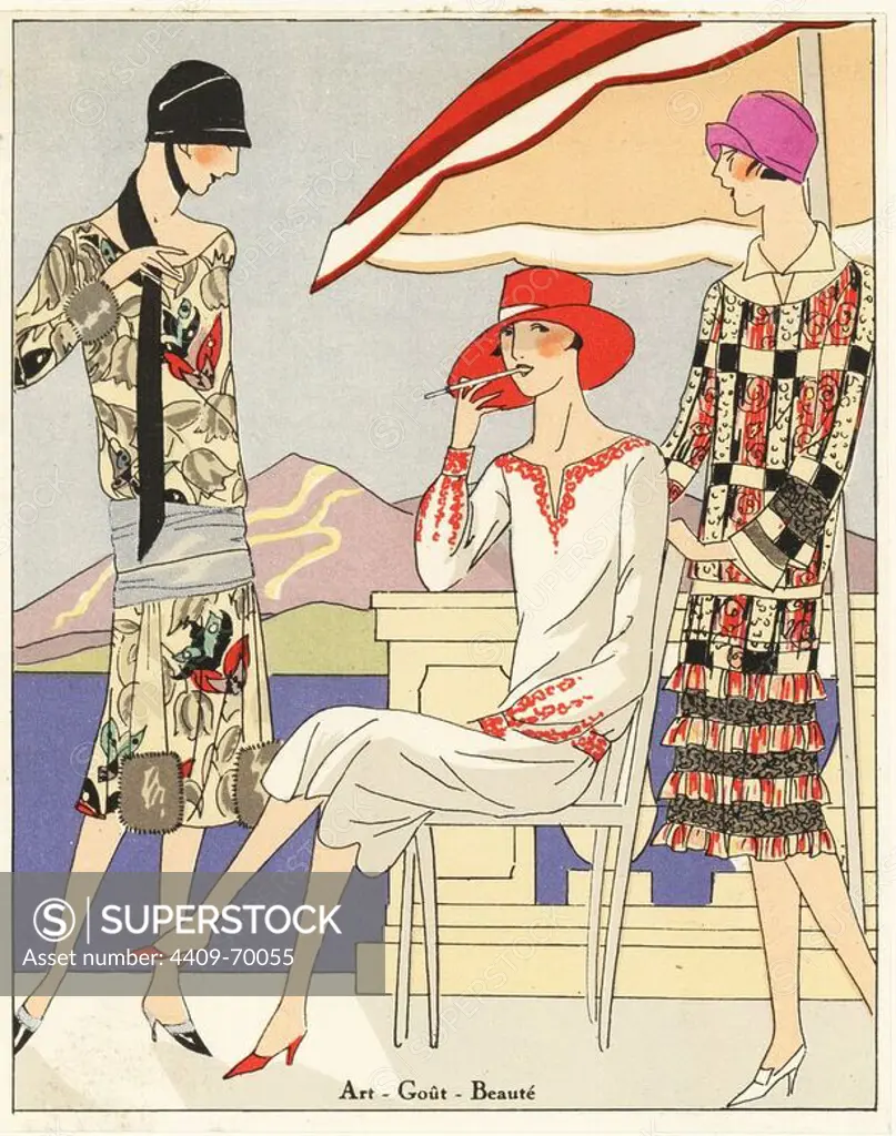 Women in visiting dress in printed crepe georgette, embroidered silk toile dress and afternoon dress in crepe georgine decorated with black lace. Lithograph with pochoir (stencil) handcolour from the luxury French fashion magazine "Art, Gout, Beaute," 1926.