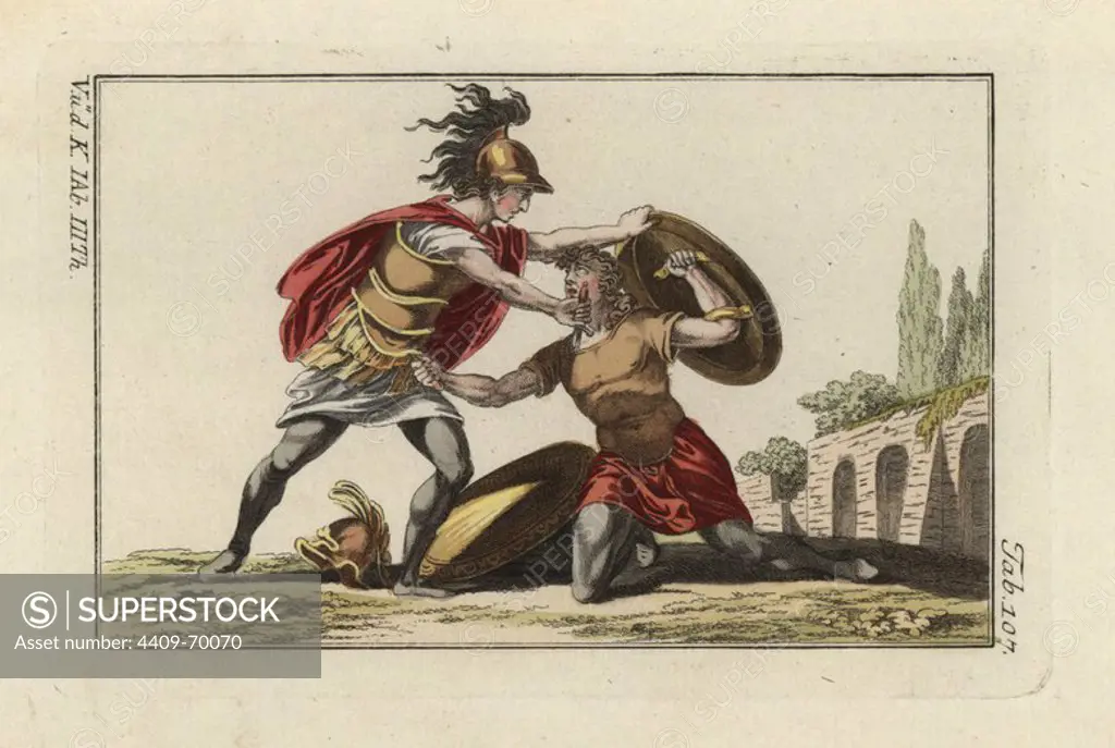 Two Etruscan warriors in mortal combat with daggers. Handcolored copperplate engraving from Robert von Spalart's "Historical Picture of the Costumes of the Principal People of Antiquity and of the Middle Ages" (1798).