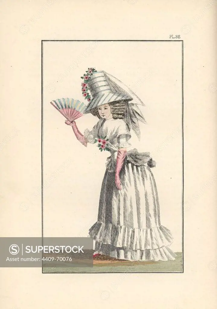 Hand-colored lithograph from "Fashions and Customs of Marie Antoinette and her Times," by Le Comte de Reiset, Paris, 1885. The journal of Madame Eloffe, dressmaker and linen-merchant to the Queen and ladies of the court.