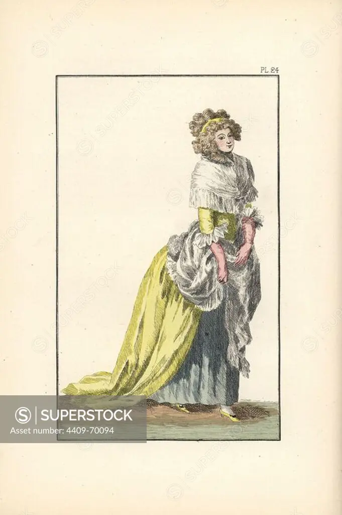 Woman wearing a dress of English silk with hair in the councillor style. Hand-colored lithograph from "Fashions and Customs of Marie Antoinette and her Times," by Le Comte de Reiset, Paris, 1885. The journal of Madame Eloffe, dressmaker and linen-merchant to the Queen and ladies of the court.