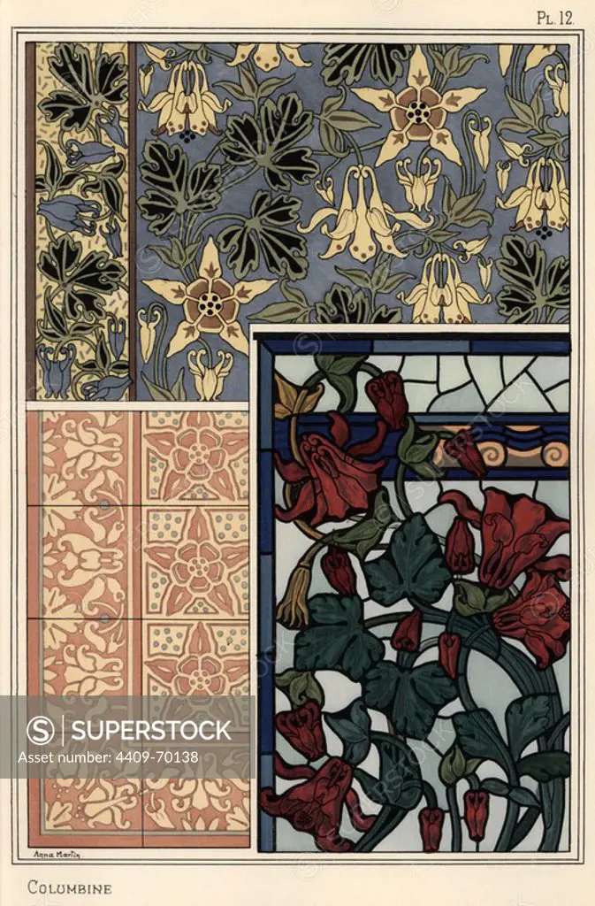 Columbine, Aquilegia vulgaris, flower in patterns for wallpaper, stained glass and tiles. Lithograph by Anna Martin with pochoir (stencil) handcoloring from Eugene Grasset's Plants and their Application to Ornament, Paris, 1897. Grasset (1841-1917) was a Swiss artist whose innovative designs inspired the art nouveau movement at the end of the 19th century.