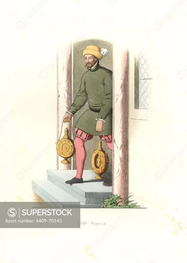 Valet, England, 16th century, attributed to Holbein. Handcolored illustration by E. Lechevallier-Chevignard, lithographed by A. Didier, L. Flameng, F. Laguillermie, from Georges Duplessis's "Costumes historiques des XVIe, XVIIe et XVIIIe siecles" (Historical costumes of the 16th, 17th and 18th centuries), Paris 1867. The book was a continuation of the series on the costumes of the 12th to 15th centuries published by Camille Bonnard and Paul Mercuri from 1830. Georges Duplessis (1834-1899) was curator of the Prints department at the Bibliotheque nationale. Edmond Lechevallier-Chevignard (1825-1902) was an artist, book illustrator, and interior designer for many public buildings and churches. He was named professor at the National School of Decorative Arts in 1874.