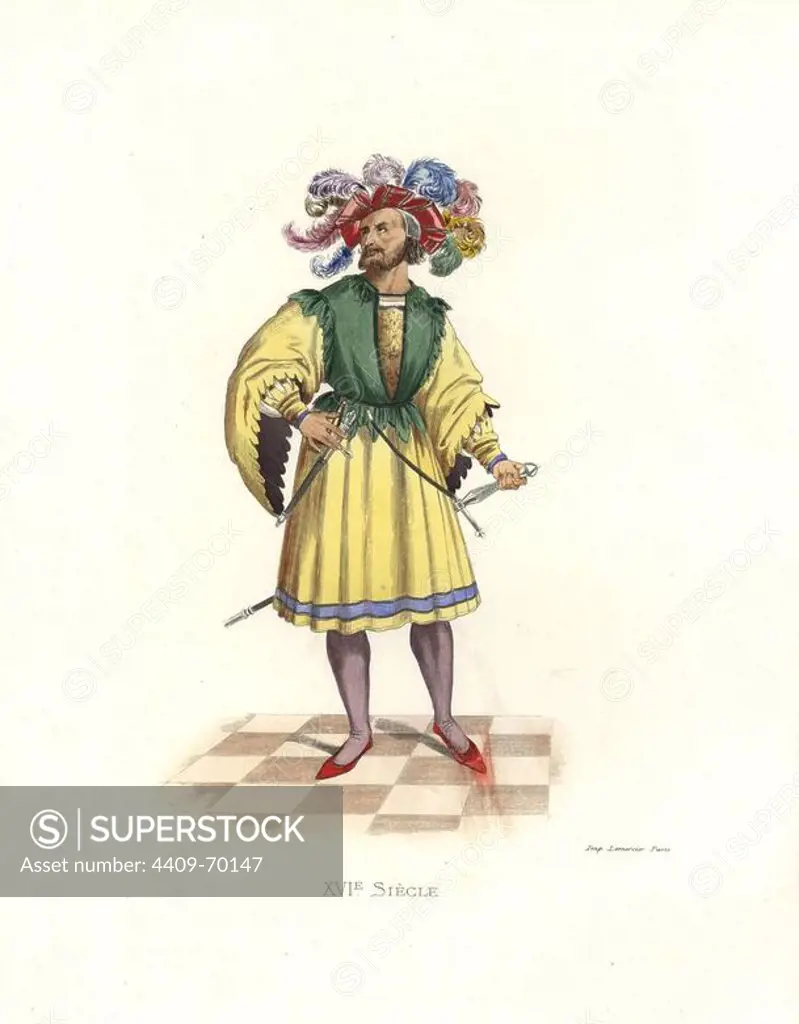 Patrician of Nuremburg, 16th century, in colorful plumed hat, lemon yellow shirt and skirt, wearing a sword and dagger.. Handcolored illustration by E. Lechevallier-Chevignard, lithographed by A. Didier, L. Flameng, F. Laguillermie, from Georges Duplessis's "Costumes historiques des XVIe, XVIIe et XVIIIe siecles" (Historical costumes of the 16th, 17th and 18th centuries), Paris 1867. The book was a continuation of the series on the costumes of the 12th to 15th centuries published by Camille Bonnard and Paul Mercuri from 1830. Georges Duplessis (1834-1899) was curator of the Prints department at the Bibliotheque nationale. Edmond Lechevallier-Chevignard (1825-1902) was an artist, book illustrator, and interior designer for many public buildings and churches. He was named professor at the National School of Decorative Arts in 1874.
