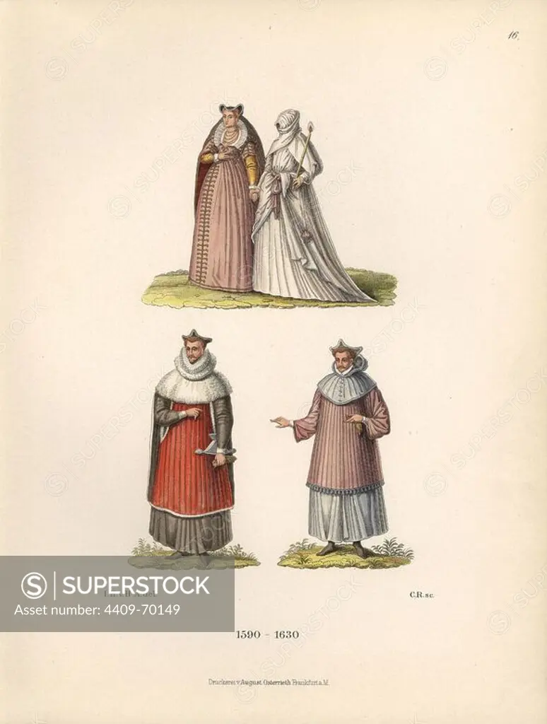 Figures from the family records of Baron Christian von Wurzburg. Two Roman women at top, one in robes of penitence, and Louis II, Cardinal of Guise, assassinated in 1588, below. Chromolithograph from Hefner-Alteneck's "Costumes, Artworks and Appliances from the Middle Ages to the 17th Century," Frankfurt, 1889. Illustration by Dr. Jakob Heinrich von Hefner-Alteneck, lithographed by CR, and published by Heinrich Keller. Dr. Hefner-Alteneck (1811 - 1903) was a German curator, archaeologist, art historian, illustrator and etcher.