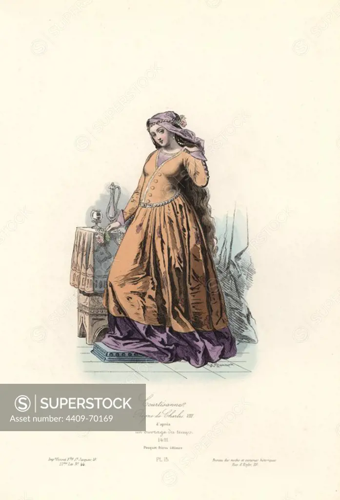 Courtesan, reign of Charles VIII, 1491. Handcoloured steel engraving by Hippolyte Pauquet after a contemporary work from the Pauquet Brothers' "Modes et Costumes Historiques" (Historical Fashions and Costumes), Paris, 1865. Hippolyte (b. 1797) and Polydor Pauquet (b. 1799) ran a successful publishing house in Paris in the 19th century, specializing in illustrated books on costume, birds, butterflies, anatomy and natural history.