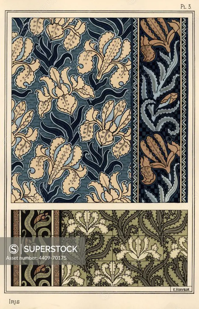 The iris in patterns for fabrics and tiles. Lithograph by E. Hervegh with pochoir (stencil) handcoloring from Eugene Grasset's Plants and their Application to Ornament, Paris, 1897. Eugene Grasset (1841-1917) was a Swiss artist whose innovative designs inspired the art nouveau movement at the end of the 19th century.