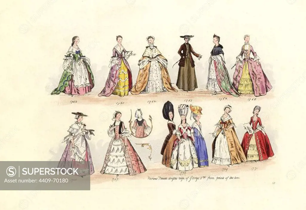 Women's fashion from 1760-1771, from prints in Ladies' Pocket Books, Almanacks, etc. Handcolored engraving from "Civil Costume of England from the Conquest to the Present Period" drawn by Charles Martin and etched by Leopold Martin, London, Henry Bohn, 1842. The costumes were drawn from tapestries, monumental effigies, illuminated manuscripts and portraits. Charles and Leopold Martin were the sons of the romantic artist and mezzotint engraver John Martin (1789-1854).