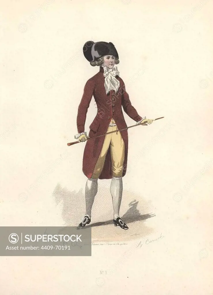 Man in large black bicorn hat, white cravat, brown coat over cream breeches, holding a cane.. Francois-Claudius Compte-Calix (1813-1880) was a French painter and illustrator. A regular exhibitor at the Salons, he illustrated numerous books and several romantic books of poetry, and for many years contributed to the fashion magazine "Modes Parisiennes".. Handcolored lithograph of an illustration by Francois-Claudius Compte-Calix from "Les Modes Parisiennes sous le Directoire" (Paris Fashions under the Directory 1795-1799) 1865.