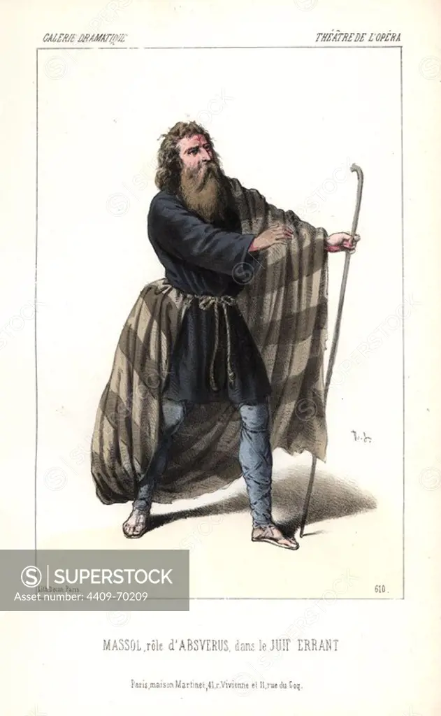 Massol in the role of Absverus (Ashverus) from "Le Juif Errant." Eugene Etienne Auguste Massol (1802-1887) was a notable French baritone and sang at the debut of this opera in 1852.. Handcoloured lithograph by Alexandre Lacauchie from "Galerie Dramatique: Costumes des Theatres de Paris" ca. 1860.