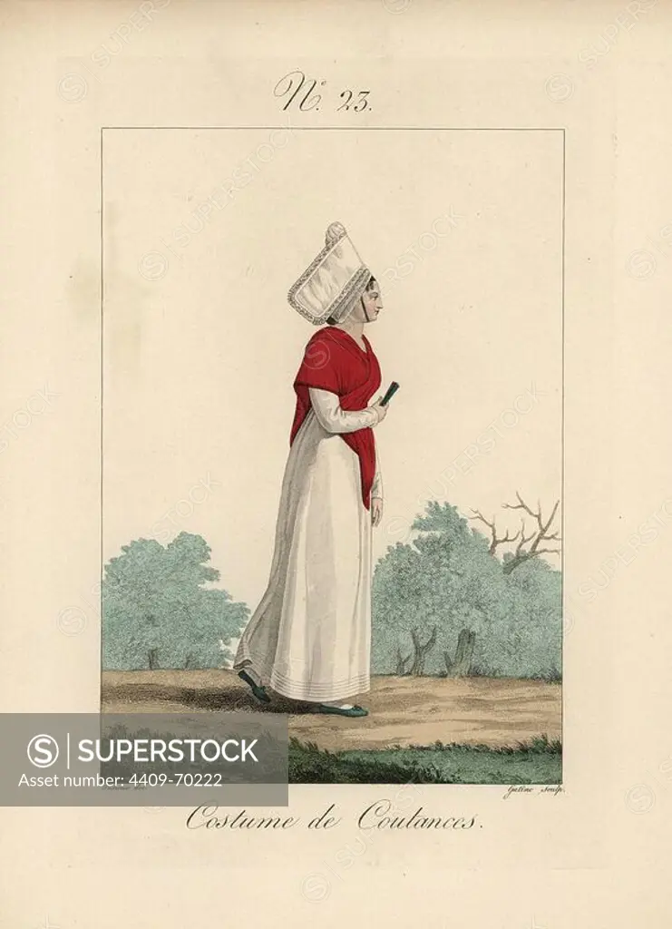 Woman in the costume of Coutances, in the department of Manche. She wears a tall bonnet trimmed with lace, a plain red shawl and simple white dress. Hand-colored fashion plate illustration by Benoit Pecheux engraved by Gatine from Louis-Marie Lante's "Costumes des femmes du Pays de Caux," 1827/1885. With their tall Alsation lace hats, the women of Caux and Normandy were famous for the elegance and style.