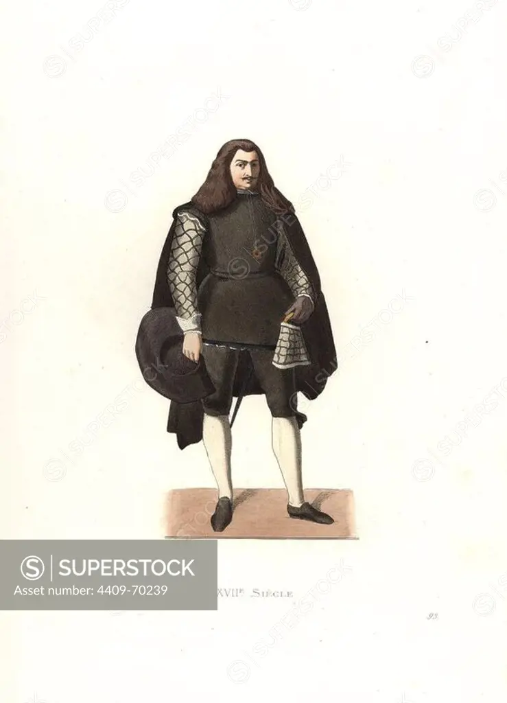 Gentleman of Spain, 17th century, from a painting by Murillo. Handcolored illustration by E. Lechevallier-Chevignard, lithographed by A. Didier, L. Flameng, F. Laguillermie, from Georges Duplessis's "Costumes historiques des XVIe, XVIIe et XVIIIe siecles" (Historical costumes of the 16th, 17th and 18th centuries), Paris 1867. The book was a continuation of the series on the costumes of the 12th to 15th centuries published by Camille Bonnard and Paul Mercuri from 1830. Georges Duplessis (1834-1899) was curator of the Prints department at the Bibliotheque nationale. Edmond Lechevallier-Chevignard (1825-1902) was an artist, book illustrator, and interior designer for many public buildings and churches. He was named professor at the National School of Decorative Arts in 1874.