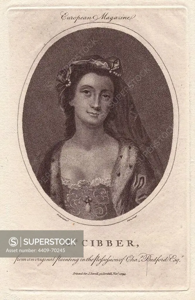 Mrs. Susannah Maria Cibber (1714-1766), English actress and singer, wife to the actor and writer Theophilus Cibber. From a painting by Orchard in the possession of Charles Bedford, engraved by Fairn, published in the European Magazine 1794.