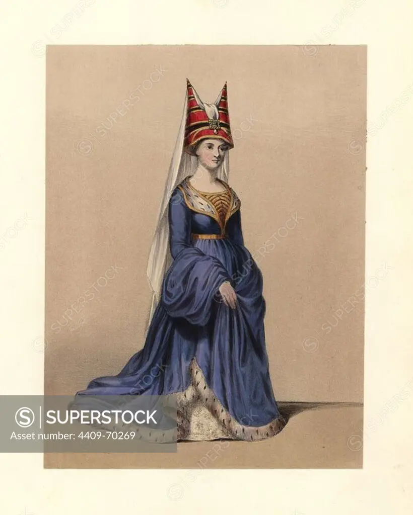 Horned headdress of the 15th century, reign of Edward IV 1461~1483. She wears a blue dress with voluminous sleeves, lined with ermine. Based on a Royal manuscript, effigy of Beatrice, Countess of Arundel, satirical writings of John de Meum, Strutts Habits. Handcoloured lithograph from "Costumes of British Ladies from the Time of William the First to the Reign of Queen Victoria, London, Dickinson & Son, 1840. 48 mounted plates of women's fashion from 1066 to 1840 based on effigies, manuscripts, portraits, prints and literary descriptions.