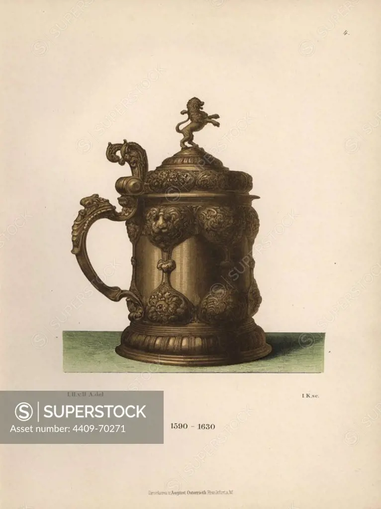 Drinking vessel in gilded silver decorated with lions in the Renaissance style from the 17th century. Chromolithograph from Hefner-Alteneck's "Costumes, Artworks and Appliances from the Middle Ages to the 17th Century," Frankfurt, 1889. Illustration by Dr. Jakob Heinrich von Hefner-Alteneck, lithographed by Joh. Klipphahn, and published by Heinrich Keller. Dr. Hefner-Alteneck (1811 - 1903) was a German museum curator, archaeologist, art historian, illustrator and etcher.