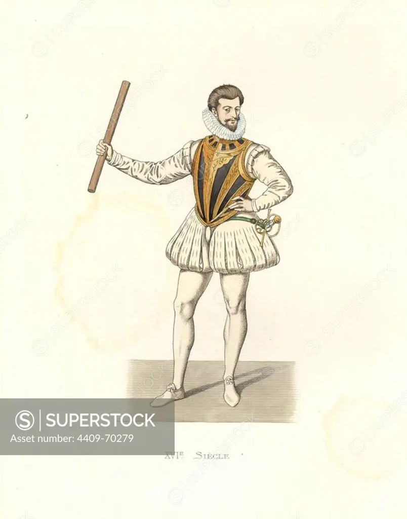 Henry of Lorraine, Duke of Guise (1550-1588), nicknamed le Balafré (the scarred) from a wound he received at the battle of Dormans.. Handcolored illustration by E. Lechevallier-Chevignard, lithographed by A. Didier, L. Flameng, F. Laguillermie, from Georges Duplessis's "Costumes historiques des XVIe, XVIIe et XVIIIe siecles" (Historical costumes of the 16th, 17th and 18th centuries), Paris 1867. The book was a continuation of the series on the costumes of the 12th to 15th centuries published by Camille Bonnard and Paul Mercuri from 1830. Georges Duplessis (1834-1899) was curator of the Prints department at the Bibliotheque nationale. Edmond Lechevallier-Chevignard (1825-1902) was an artist, book illustrator, and interior designer for many public buildings and churches. He was named professor at the National School of Decorative Arts in 1874.