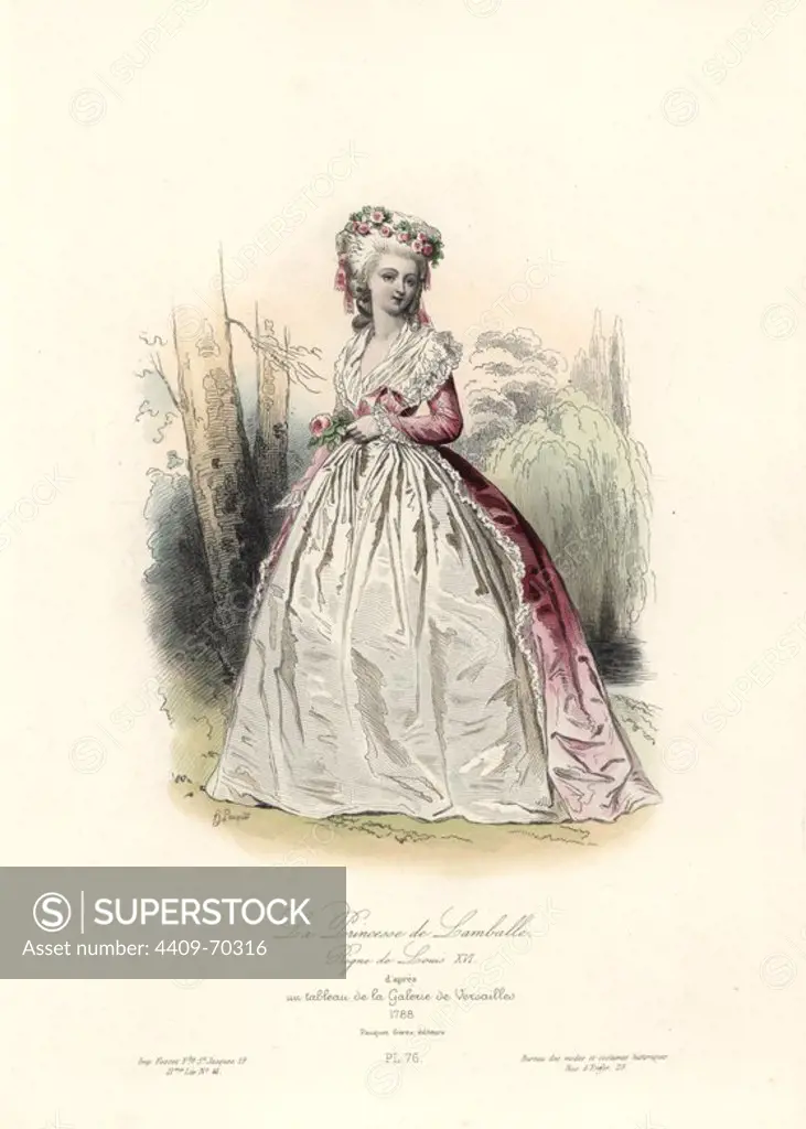 Princess of Lamballe (17491792), reign of Louis XVI, 1788. Maria Luisa of Savoy was lady in waiting to Marie Antoinette, and one of the first victims of the Reign of Terror. Handcoloured steel engraving by Hippolyte Pauquet after a painting in the Gallery of Versailles from the Pauquet Brothers' "Modes et Costumes Historiques" (Historical Fashions and Costumes), Paris, 1865. Hippolyte (b. 1797) and Polydor Pauquet (b. 1799) ran a successful publishing house in Paris in the 19th century, specializing in illustrated books on costume, birds, butterflies, anatomy and natural history.