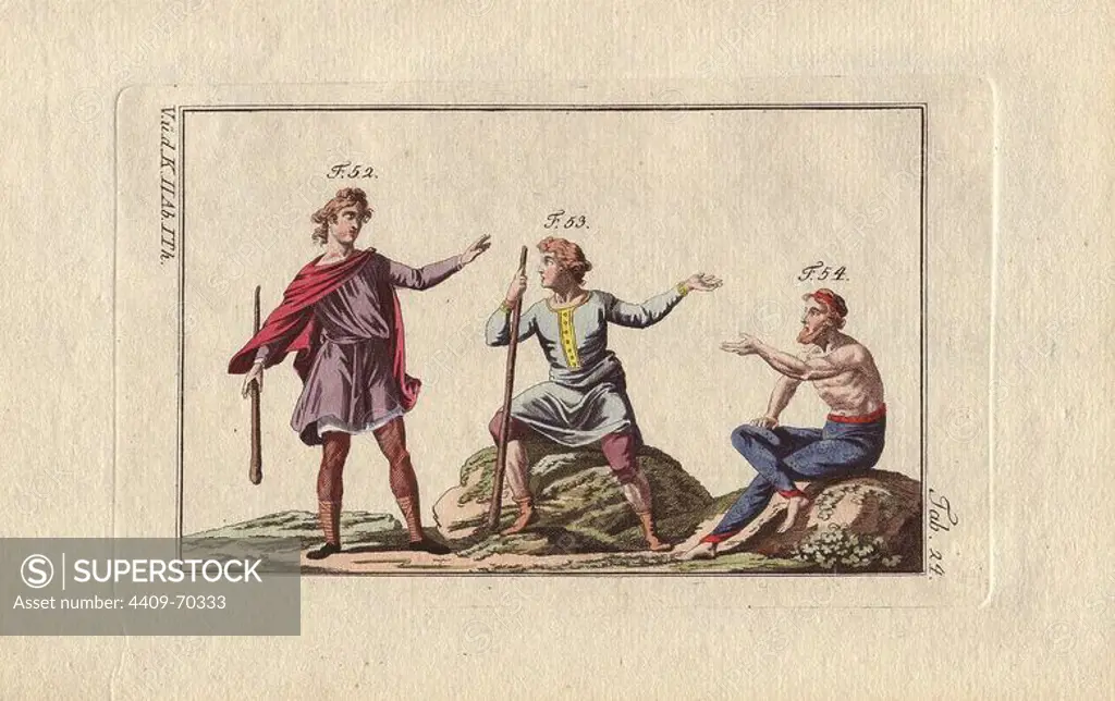 Anglo Saxon men and Job. "Anglo Saxon man of distinguished rank wearing a double tunic (52), Anglo Saxon man wearing a buttoned tunic (53) and Job at "the moment of his misfortune," pictured wearing only a pair of coaxalia or long trousers (54)." . Handcolored copperplate engraving from Robert von Spalart's "Historical Picture of the Costumes of the Principal People of Antiquity and of the Middle Ages" (1796).