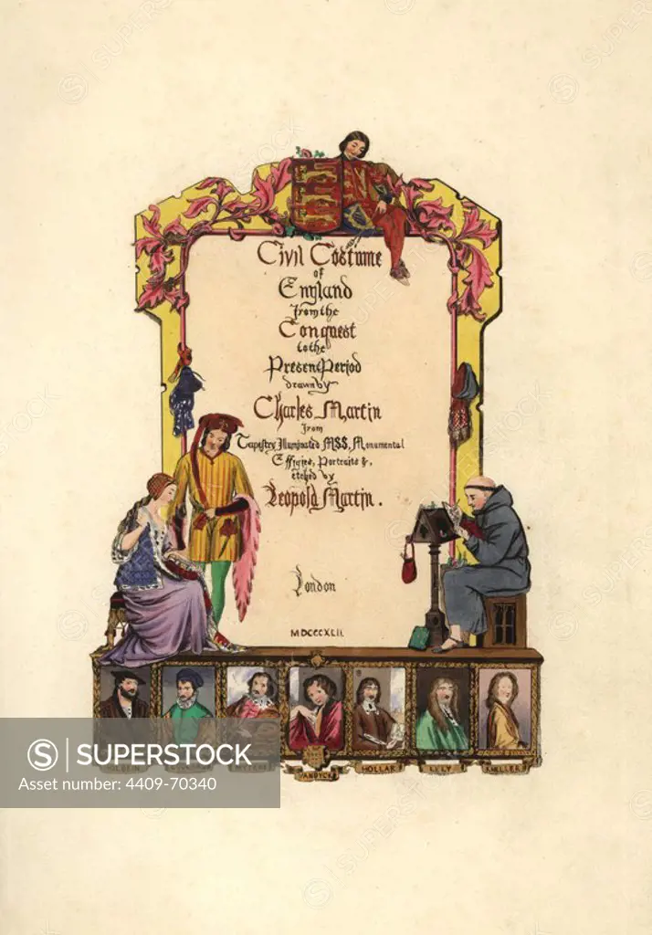 Title page illustrated with a herald, a monk, and a lady in medieval dress. Handcolored engraving from "Civil Costume of England from the Conquest to the Present Period" drawn by Charles Martin and etched by Leopold Martin, London, 1842. The costumes were drawn from tapestries, monumental effigies, illuminated manuscripts and portraits by artists such as Holbein, Hollar, Van Dyck, Lely, etc. Charles and Leopold Martin were the sons of the romantic artist and mezzotint engraver John Martin (1789-1854).