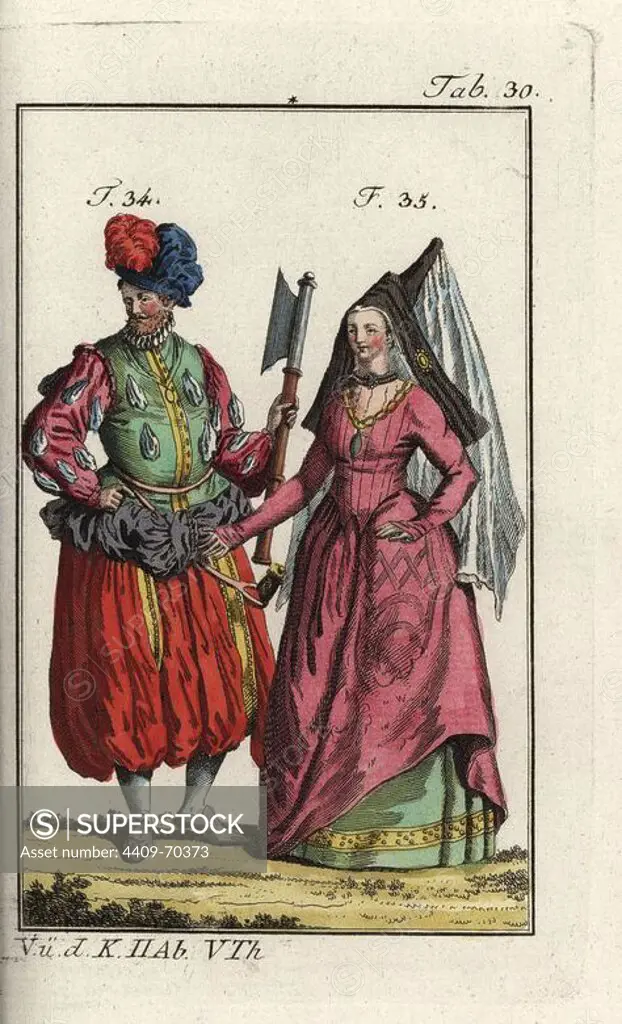German army officer with axe and voluminous breeches, and a countess of Holland and Zeeland wearing a veil. Handcolored copperplate engraving from Robert von Spalart's "Historical Picture of the Costumes of the Principal People of Antiquity and of the Middle Ages," Vienna, 1811. Illustration based on Thomas Jefferys Collection of Dresses of Different Nations, Antient and Modern. After the Designs of Holbein, Van Dyke, Hollar, and others, London, 1757.