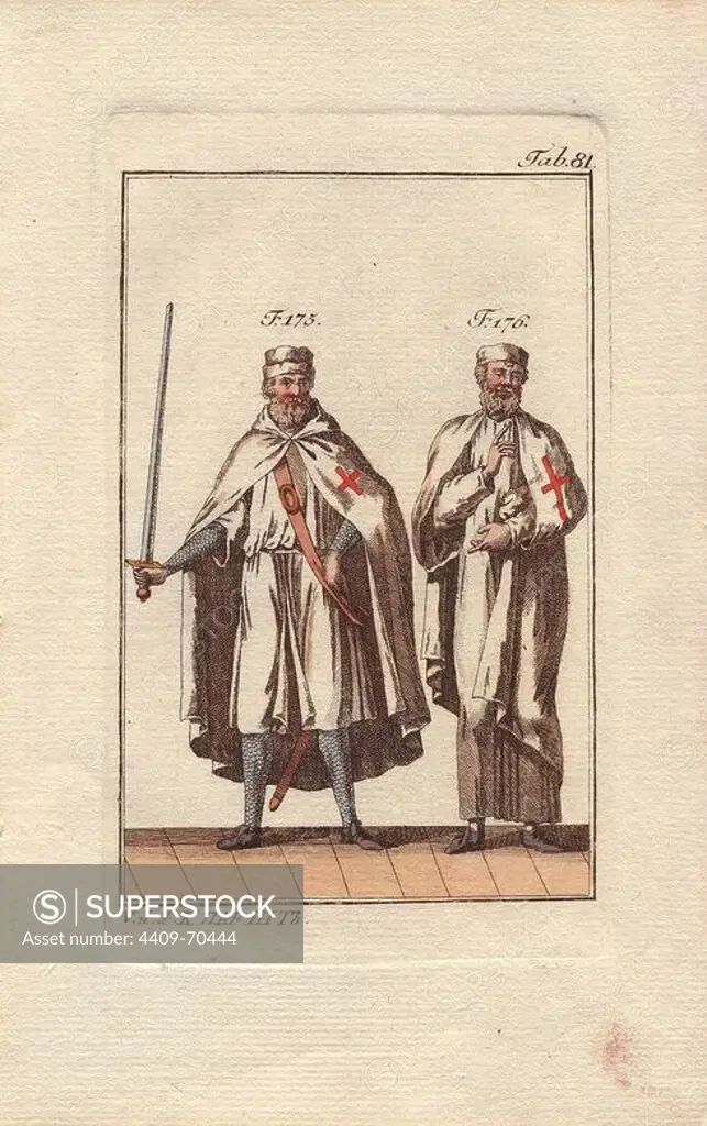 Two Knights Templar are shown in battle garb (175), armed and wearing chainmail armor beneath his robes, and in house wear (176), or monastery robes.. The Order of the Knights Templar was a military order founded in 1118 by Hugues de Payens, a knight of Champagne, and eight other knights to protect pilgrims to the Holy Land. From humble beginnings as "Poor Knights of the Temple," they grew to become a powerful and rich army of warrior monks, with barracks/ monasteries all over Europe, and several castles in Palestine: Safed (1140), Karak (1143), and Castle Pilgrim (1217). The order came to a tragic end in 1312 when all the Templars were branded as heretics, tortured and executed.. Handcolored copperplate engraving of a knight from a religious military order from Robert von Spalart's "Historical Picture of the Costumes of the Principal People of Antiquity and of the Middle Ages" (1796).