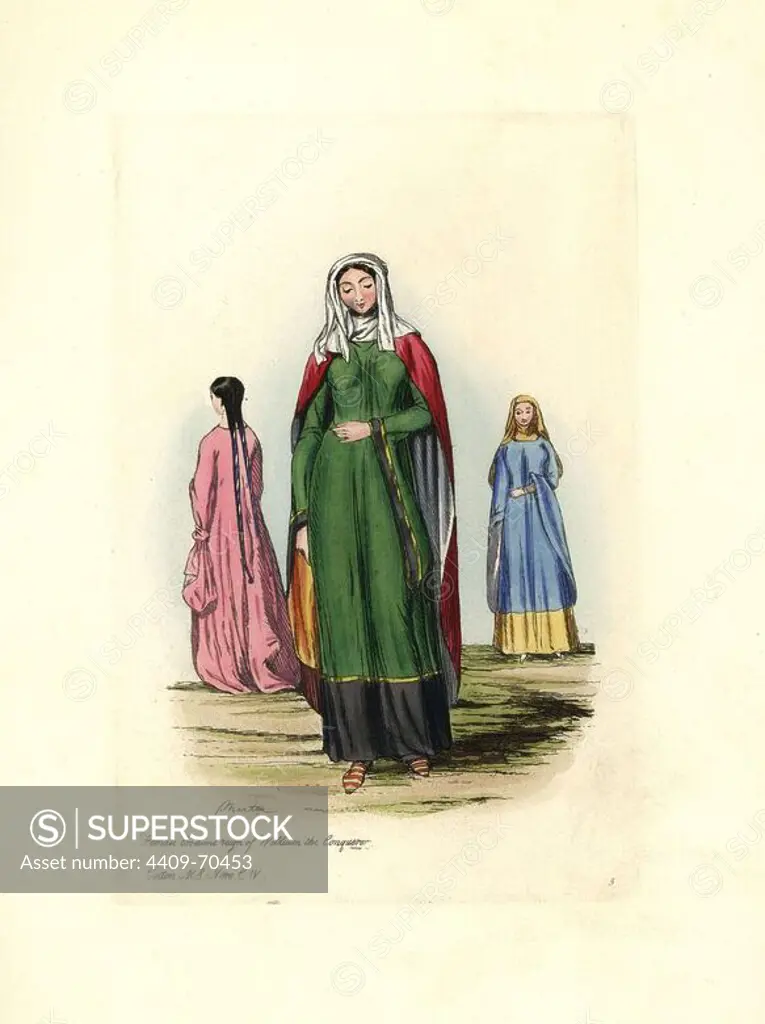Women in long sleeved dresses, long mantles and veils. Female costume in the reign of William the Conqueror, 11th century. Cotton MS Nero, C.IV. Handcolored engraving from "Civil Costume of England from the Conquest to the Present Period" drawn by Charles Martin and etched by Leopold Martin, London, Henry Bohn, 1842. The costumes were drawn from tapestries, monumental effigies, illuminated manuscripts and portraits. Charles and Leopold Martin were the sons of the romantic artist and mezzotint engraver John Martin (1789-1854).