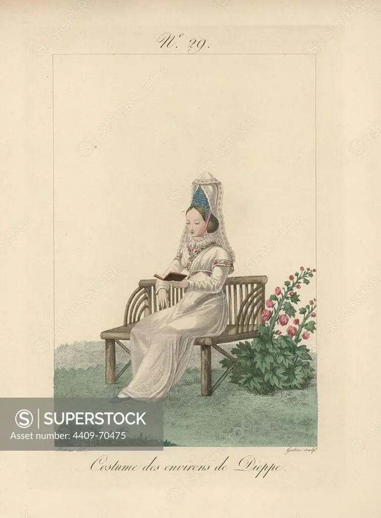 Woman in costume of the Dieppe area. She wears a bonnet covered in silk, set on a velvet band. Her white dress is trimmed with embroidered roses. Hand-colored fashion plate illustration by Benoit Pecheux engraved by Gatine from Louis-Marie Lante's "Costumes des femmes du Pays de Caux," 1827/1885. With their tall Alsation lace hats, the women of Caux and Normandy were famous for the elegance and style.