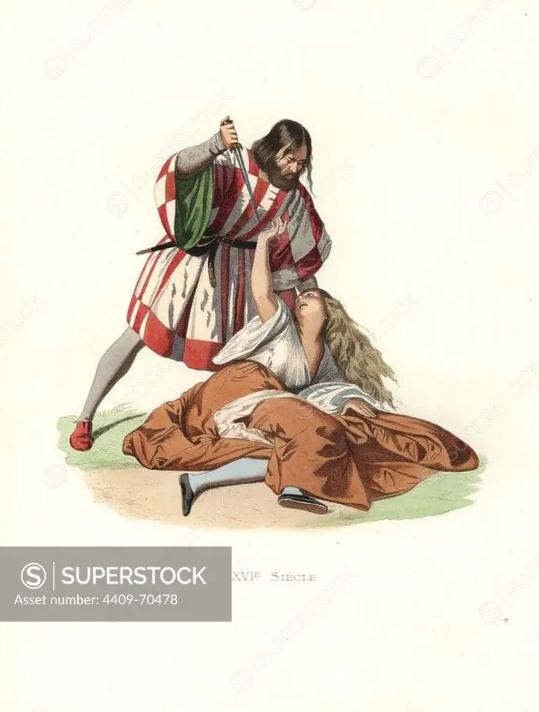 Venetian man killing his wife, 16th century, from a fresco by Titian. The man wears a crimson and white striped tunic with green lining, the victim a white blouse and brown skirt.. Handcolored illustration by E. Lechevallier-Chevignard, lithographed by A. Didier, L. Flameng, F. Laguillermie, from Georges Duplessis's "Costumes historiques des XVIe, XVIIe et XVIIIe siecles" (Historical costumes of the 16th, 17th and 18th centuries), Paris 1867. The book was a continuation of the series on the costumes of the 12th to 15th centuries published by Camille Bonnard and Paul Mercuri from 1830. Georges Duplessis (1834-1899) was curator of the Prints department at the Bibliotheque nationale. Edmond Lechevallier-Chevignard (1825-1902) was an artist, book illustrator, and interior designer for many public buildings and churches. He was named professor at the National School of Decorative Arts in 1874.