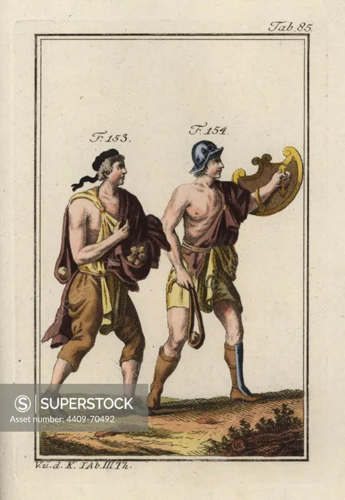 Roman slingers with slingshot and stones. Handcolored copperplate engraving from Robert von Spalart's "Historical Picture of the Costumes of the Principal People of Antiquity and of the Middle Ages" (1798).