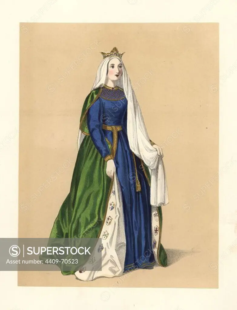 Dress of the reign of King Richard I, the Lionheart, 1189~1199. She wears a green mantle embroidered with coats of arms, a blue dress, long white veil and crown. Based on Montfaucon, Du Cange, Matthew Paris, illuminated manuscripts and effigies in Fontevraud Abbey. Handcoloured lithograph from "Costumes of British Ladies from the Time of William the First to the Reign of Queen Victoria, London, Dickinson & Son, 1840. 48 mounted plates of women's fashion from 1066 to 1840 based on effigies, manuscripts, portraits, prints and literary descriptions.