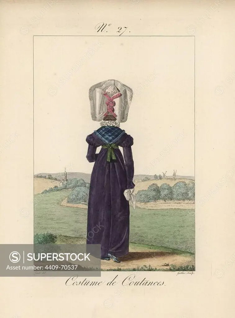 Woman in costume of Coutances. Rear view of a very tall bavolet bonnet showing the artful lacing with pink and silver ribbon. Hand-colored fashion plate illustration by Lante engraved by Gatine from Louis-Marie Lante's "Costumes des femmes du Pays de Caux," 1827/1885. With their tall Alsation lace hats, the women of Caux and Normandy were famous for the elegance and style.
